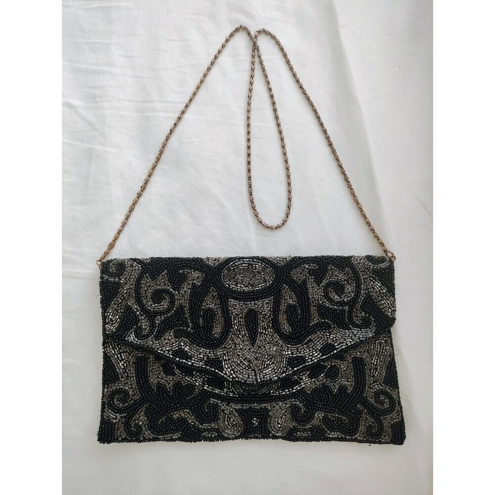 Black & Silver Hand Beaded Evening Clutch Bag Chain Strap Vintage Style - Picture 3 of 9